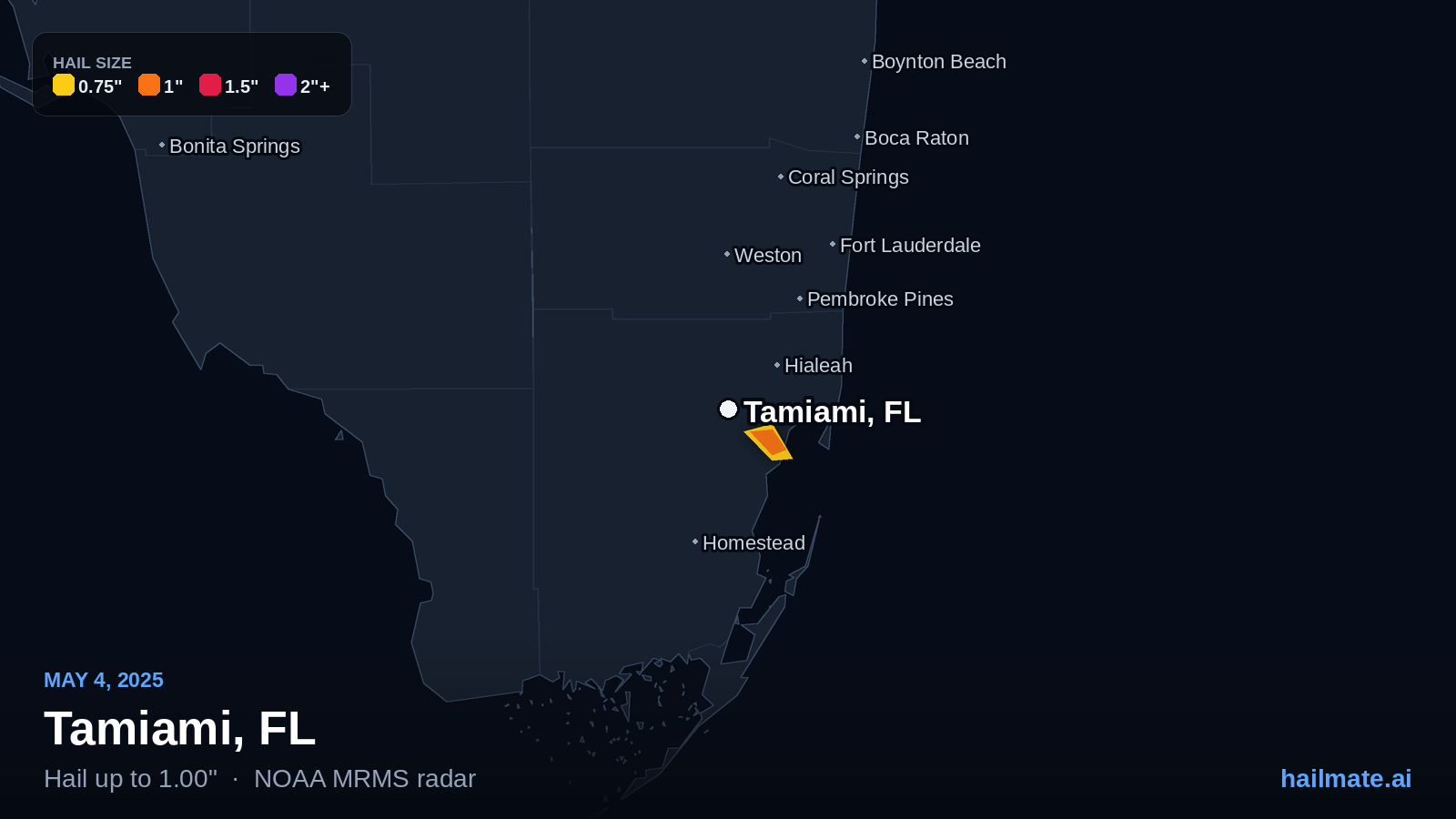 Hail swath map for Tamiami, FL on May 4, 2025 showing 1.00 inch hail.