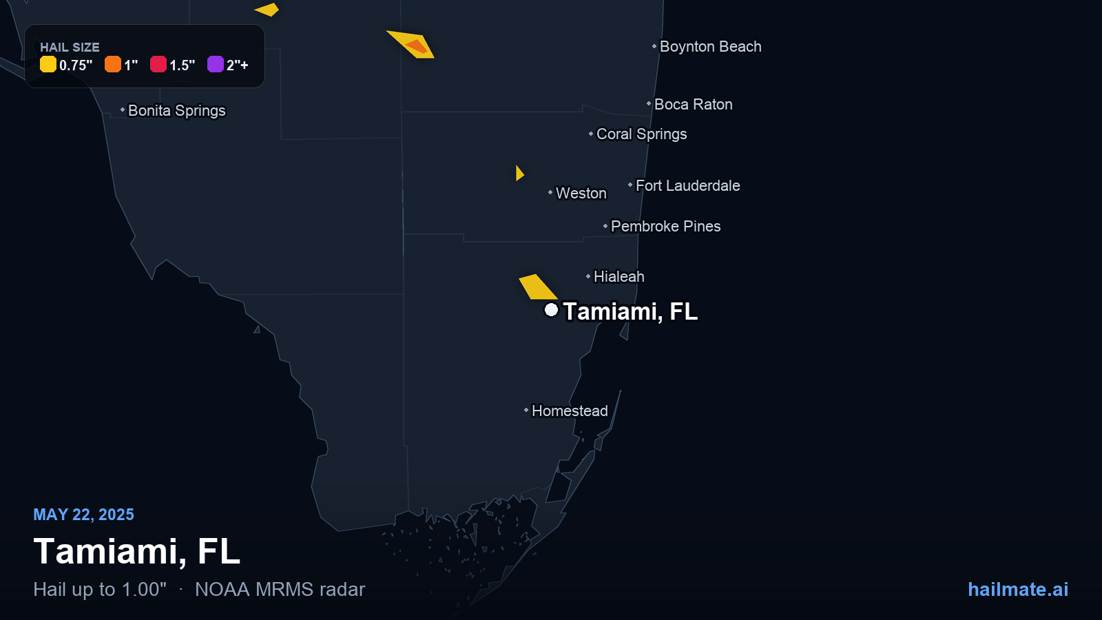 Hail swath map for Tamiami, FL on May 22, 2025 showing 1.00 inch hail.