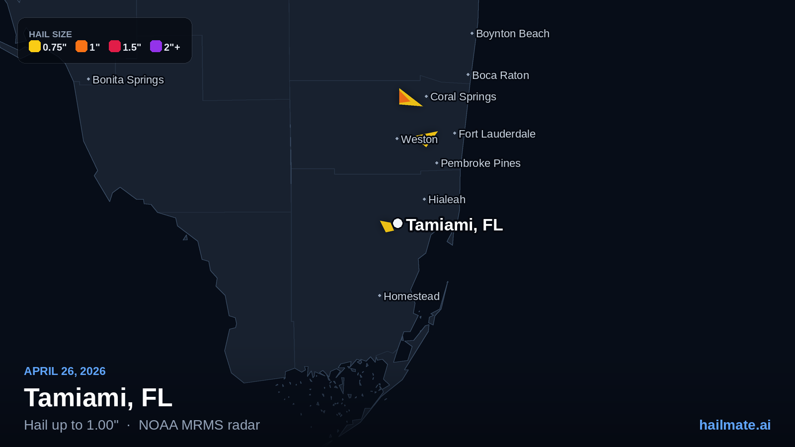 Hail swath map for Tamiami, FL on April 26, 2026 showing 1.00 inch hail.