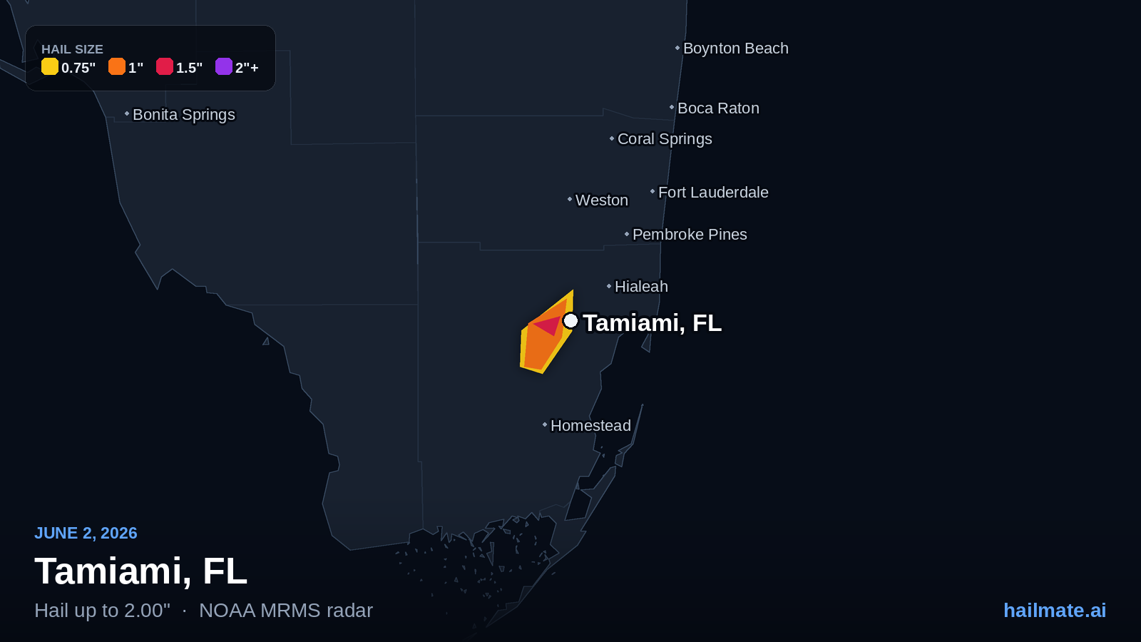 Hail swath map for Tamiami, FL on June 2, 2026 showing 2.00 inch hail.
