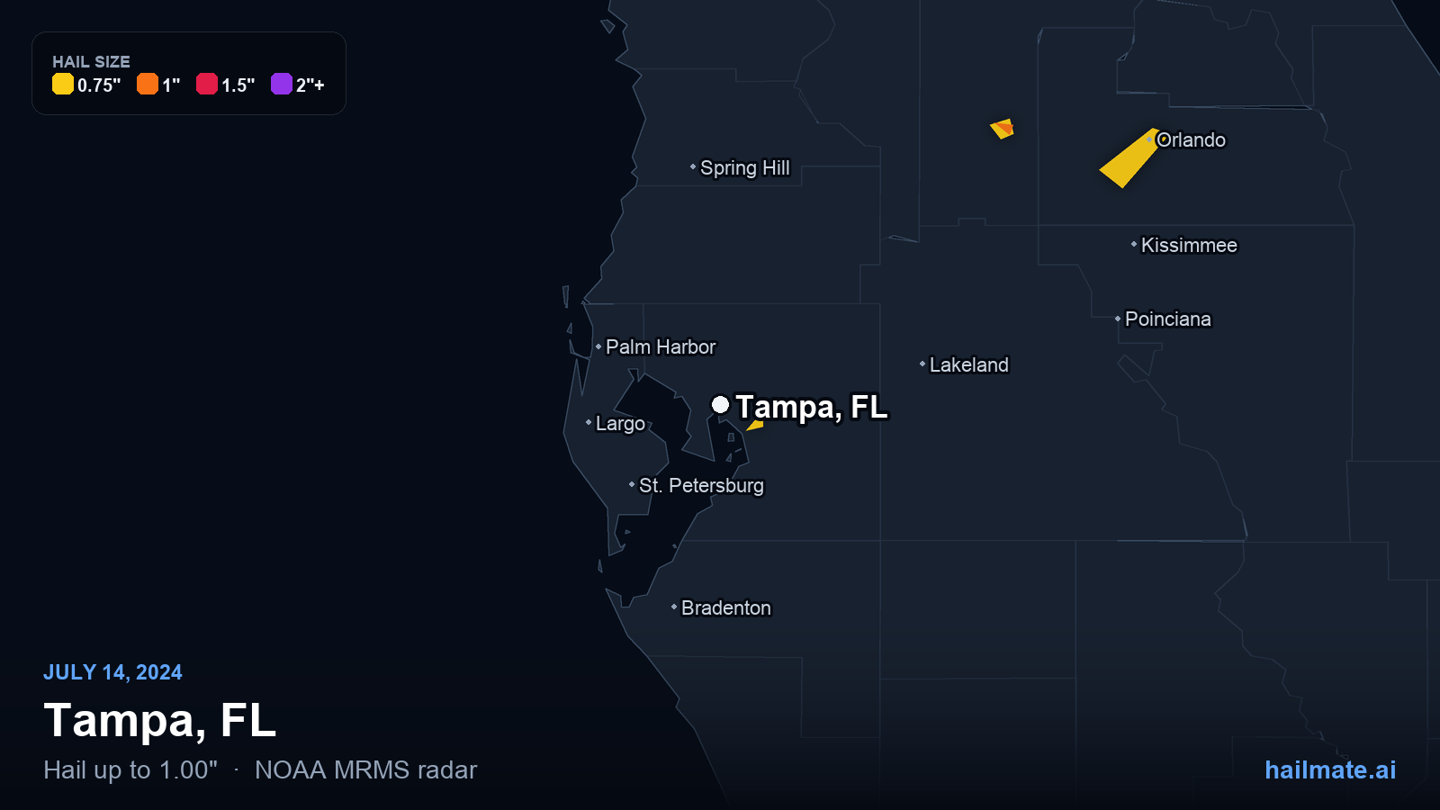Hail swath map for Tampa, FL on July 14, 2024 showing 1.00 inch hail.