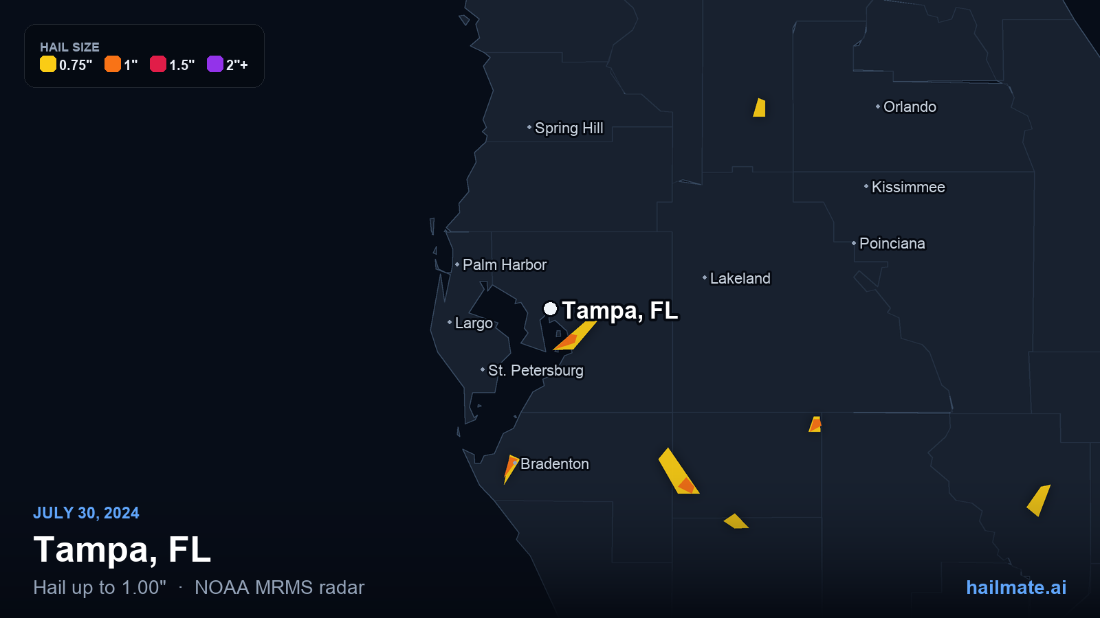 Hail swath map for Tampa, FL on July 30, 2024 showing 1.00 inch hail.