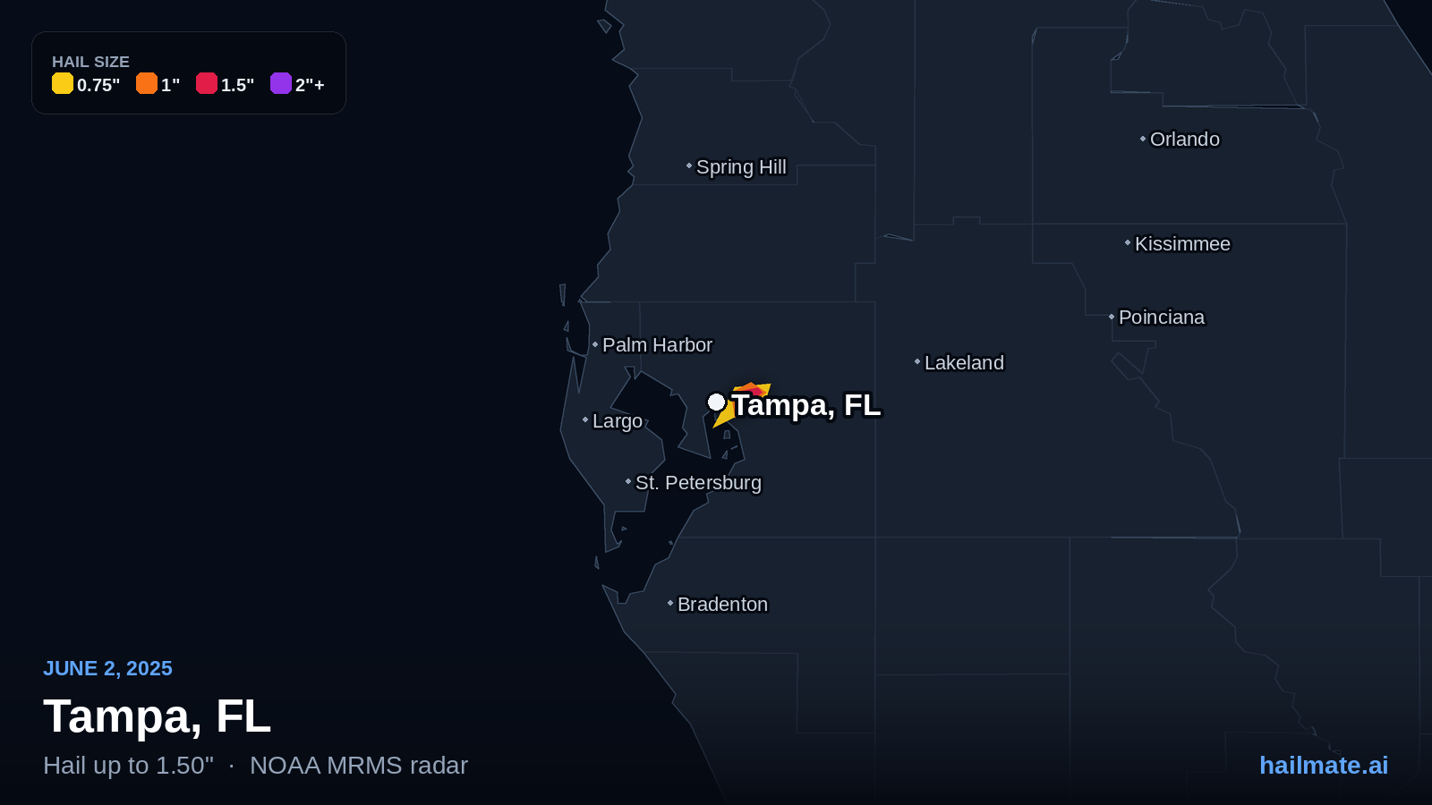 Hail swath map for Tampa, FL on June 2, 2025 showing 1.50 inch hail.