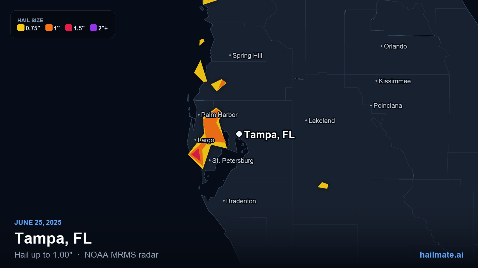 Hail swath map for Tampa, FL on June 25, 2025 showing 1.00 inch hail.