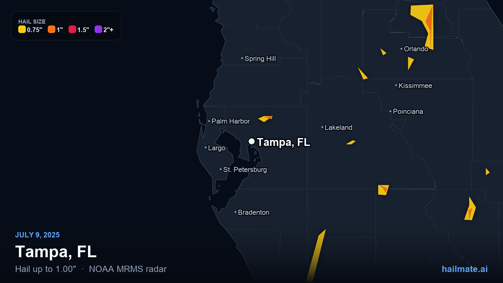 Hail swath map for Tampa, FL on July 9, 2025 showing 1.00 inch hail.
