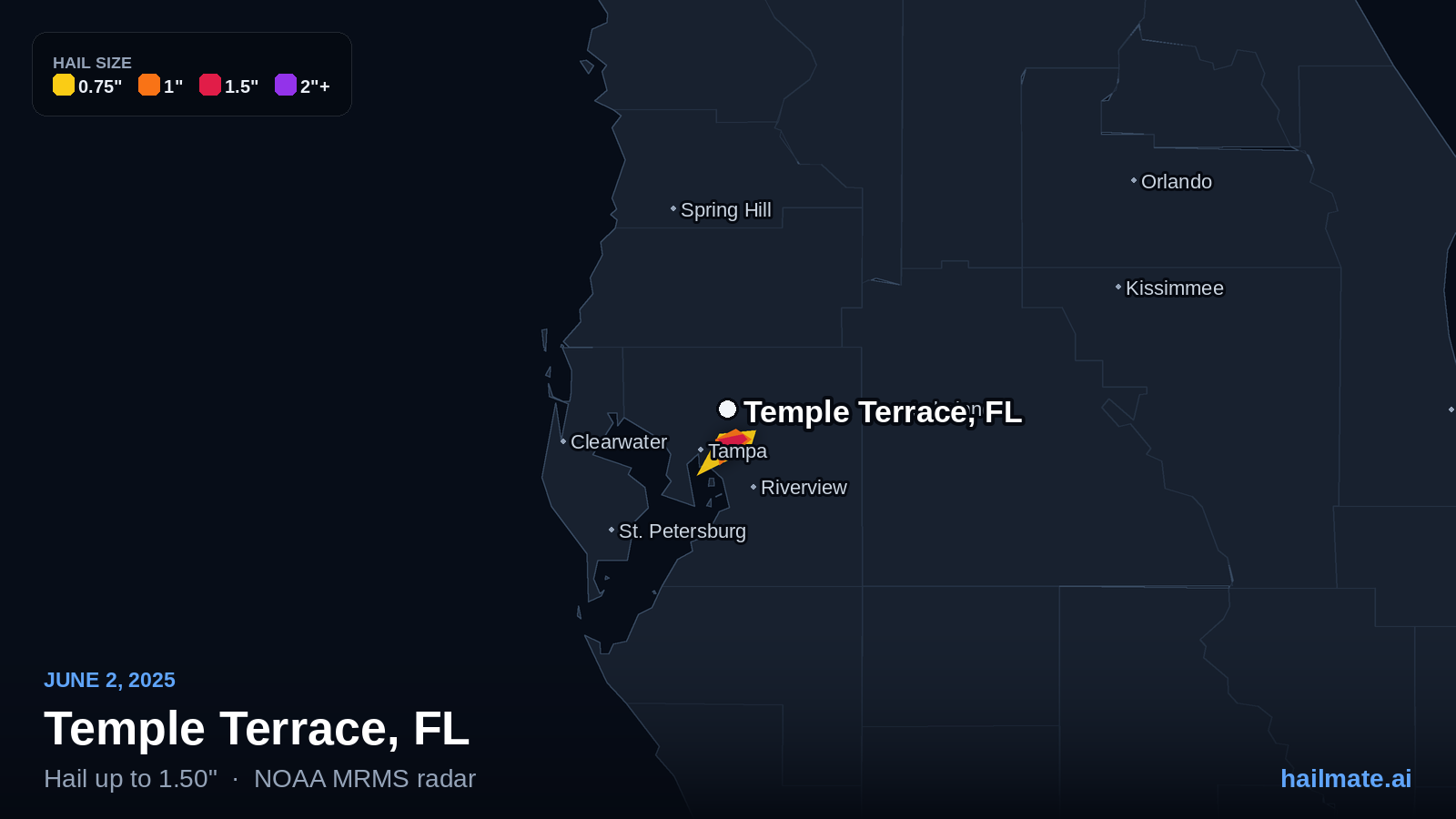 Hail swath map for Temple Terrace, FL on June 2, 2025 showing 1.50 inch hail.