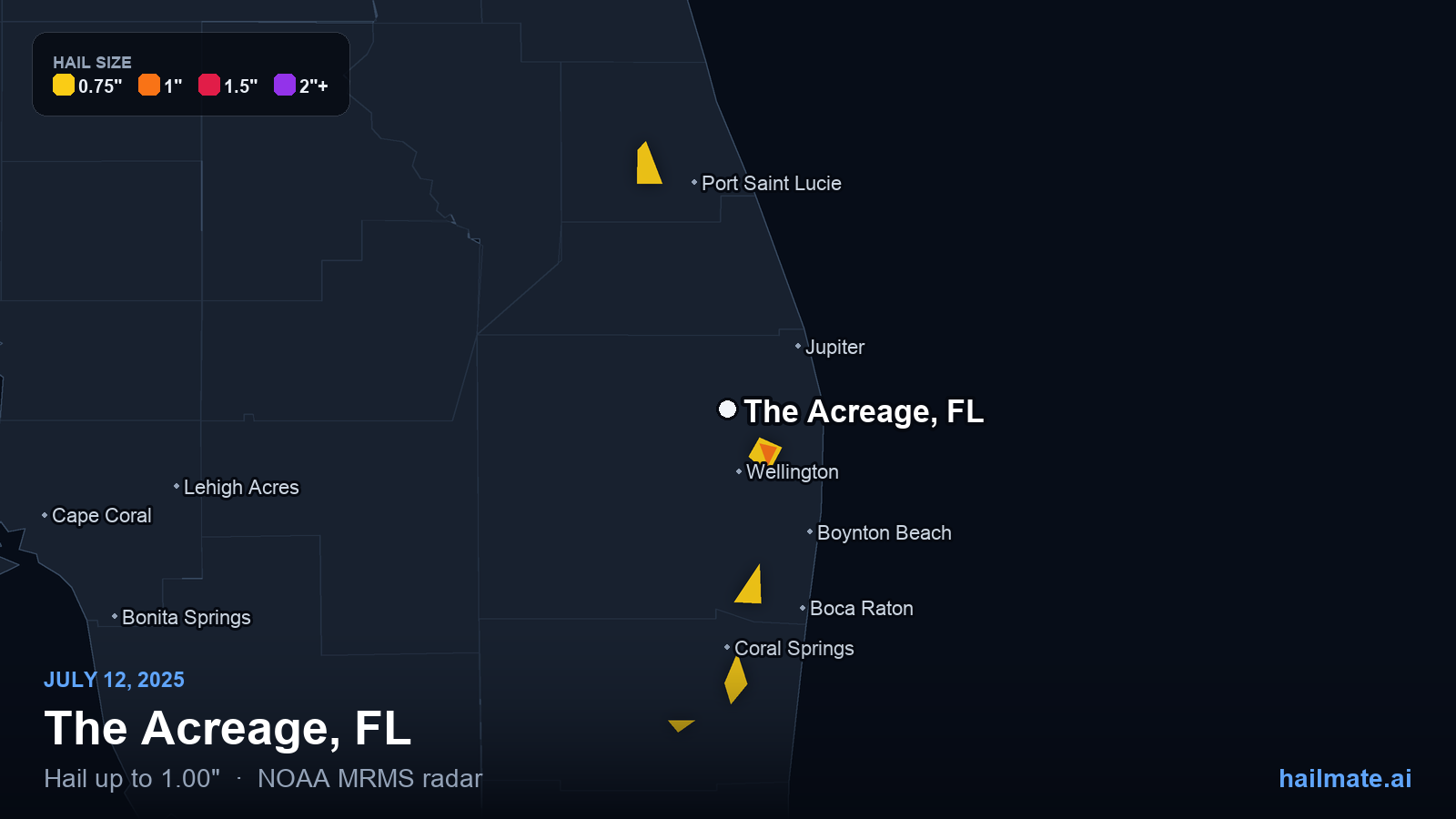 Hail swath map for The Acreage, FL on July 12, 2025 showing 1.00 inch hail.