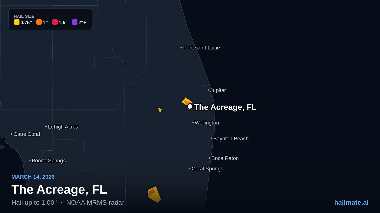 Hail swath map for The Acreage, FL on March 14, 2026 showing 1.00 inch hail.