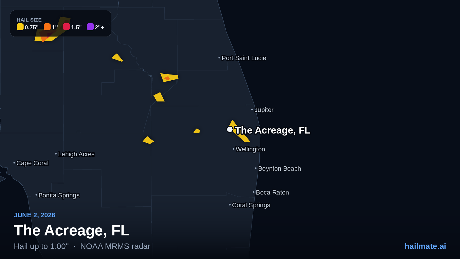 Hail swath map for The Acreage, FL on June 2, 2026 showing 1.00 inch hail.