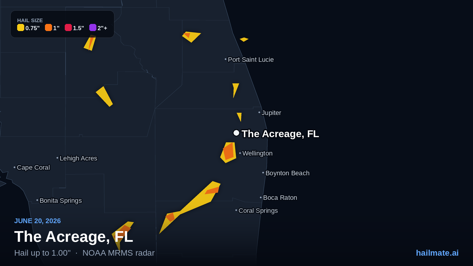 Hail swath map for The Acreage, FL on June 20, 2026 showing 1.00 inch hail.