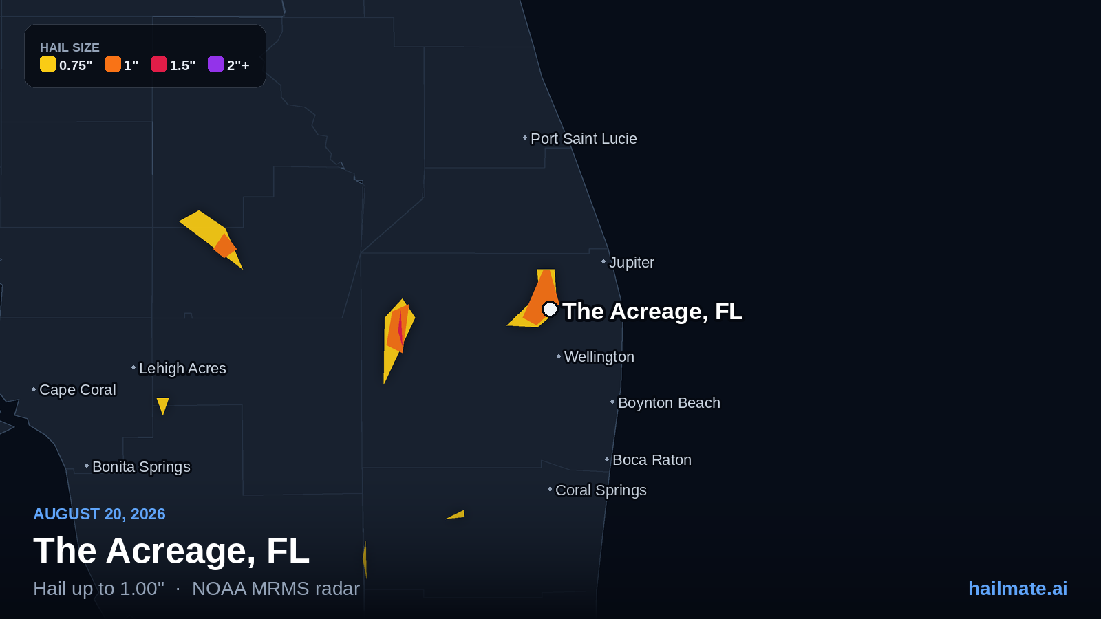 Hail swath map for The Acreage, FL on August 20, 2026 showing 1.00 inch hail.