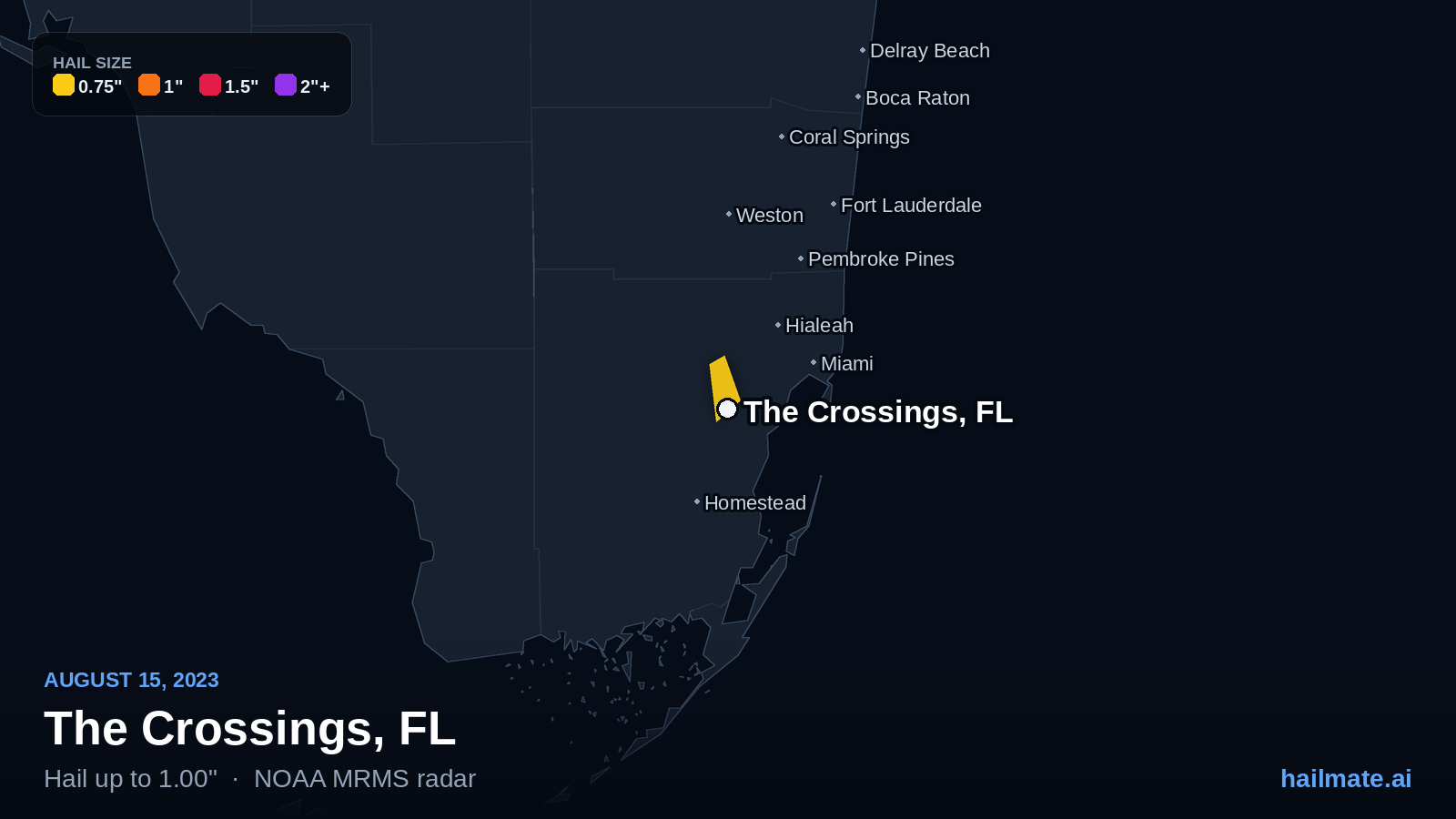 Hail swath map for The Crossings, FL on August 15, 2023 showing 1.00 inch hail.
