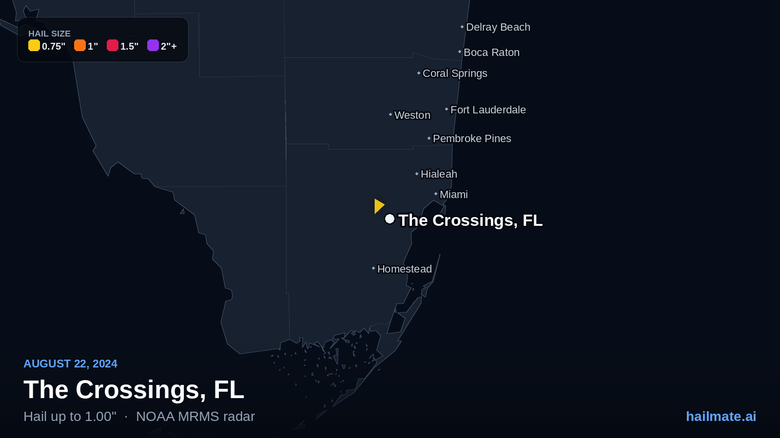 Hail swath map for The Crossings, FL on August 22, 2024 showing 1.00 inch hail.