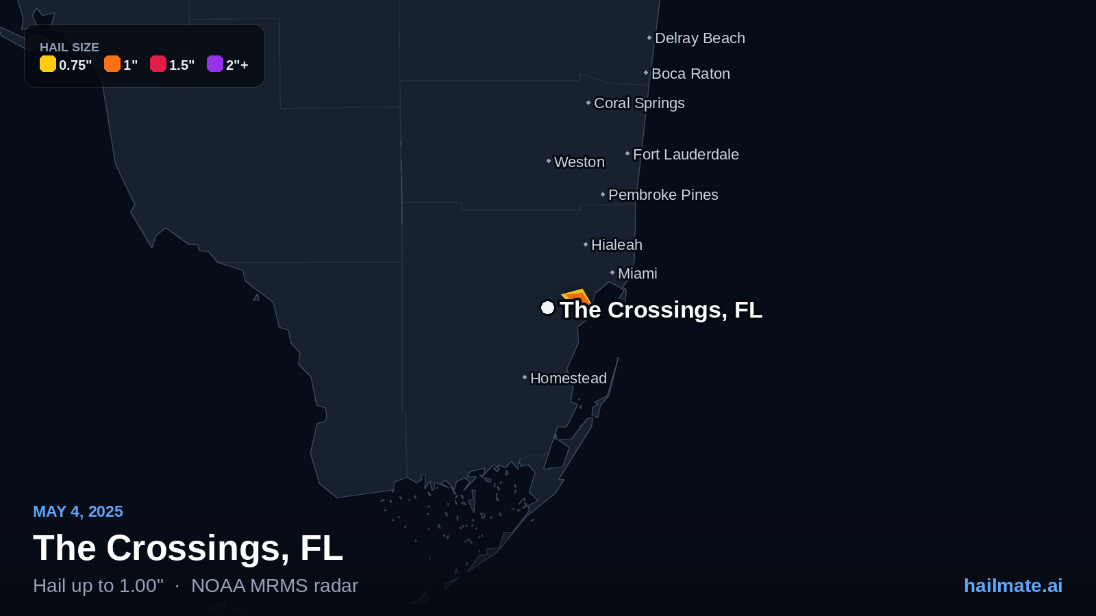 Hail swath map for The Crossings, FL on May 4, 2025 showing 1.00 inch hail.