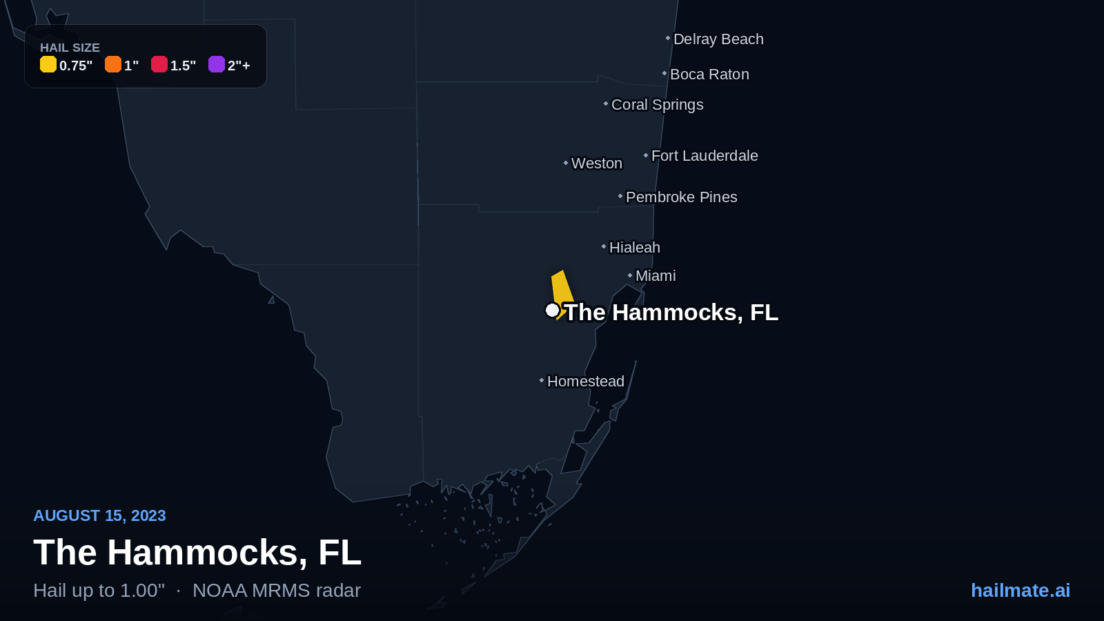 Hail swath map for The Hammocks, FL on August 15, 2023 showing 1.00 inch hail.