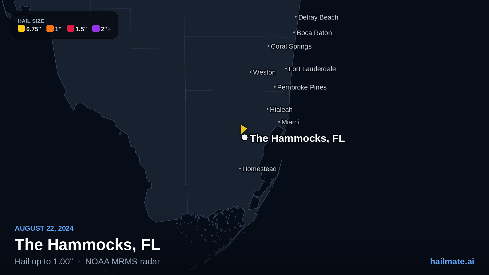 Hail swath map for The Hammocks, FL on August 22, 2024 showing 1.00 inch hail.