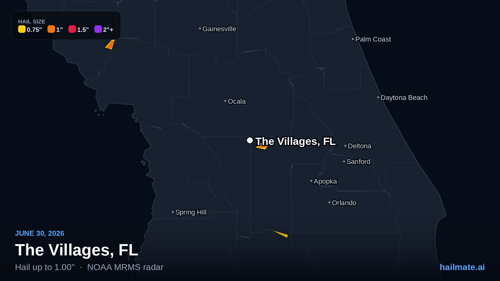 Hail swath map for The Villages, FL on June 30, 2026 showing 1.00 inch hail.