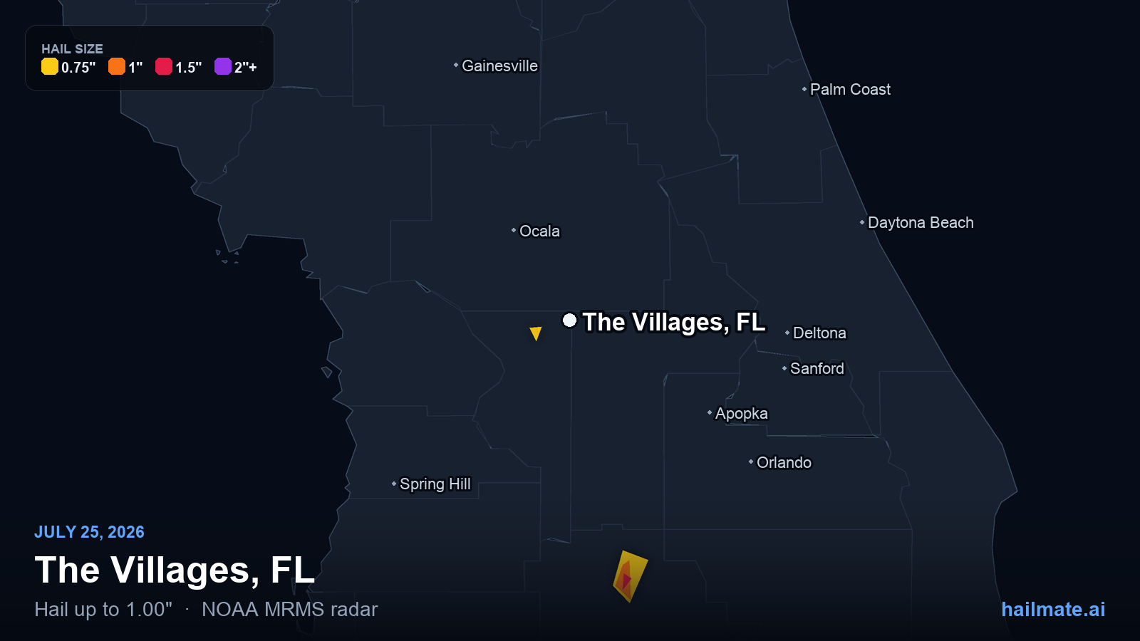 Hail swath map for The Villages, FL on July 25, 2026 showing 1.00 inch hail.