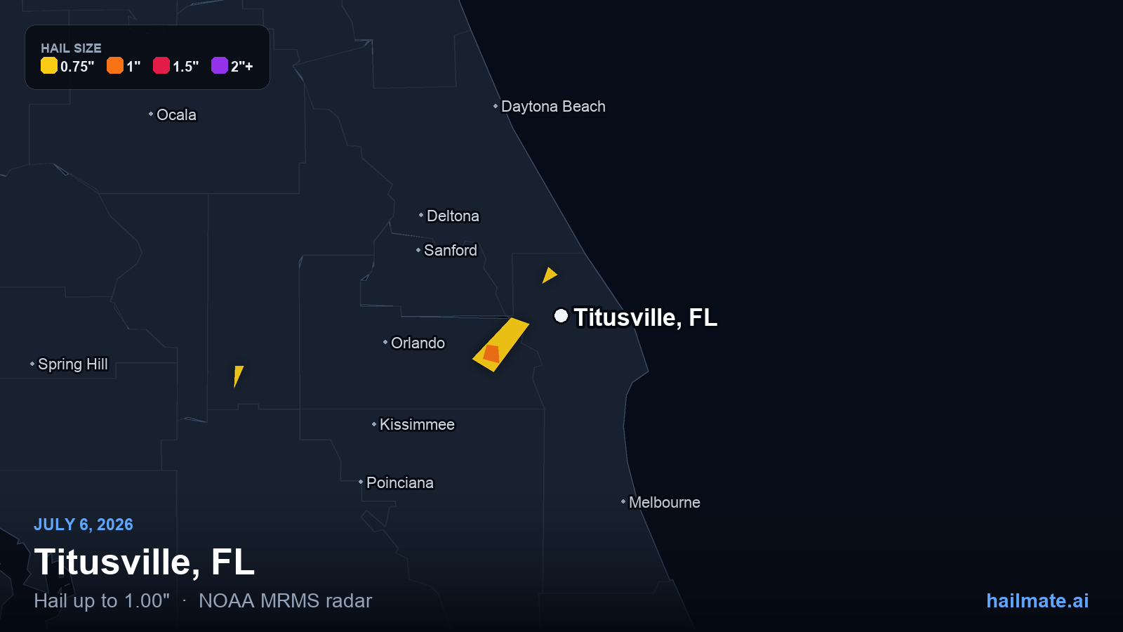 Hail swath map for Titusville, FL on July 6, 2026 showing 1.00 inch hail.