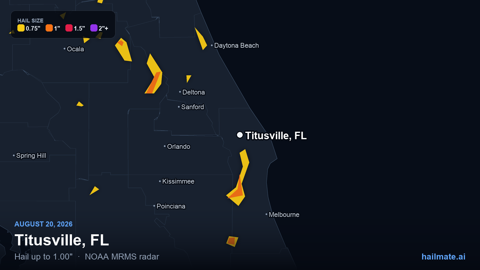 Hail swath map for Titusville, FL on August 20, 2026 showing 1.00 inch hail.