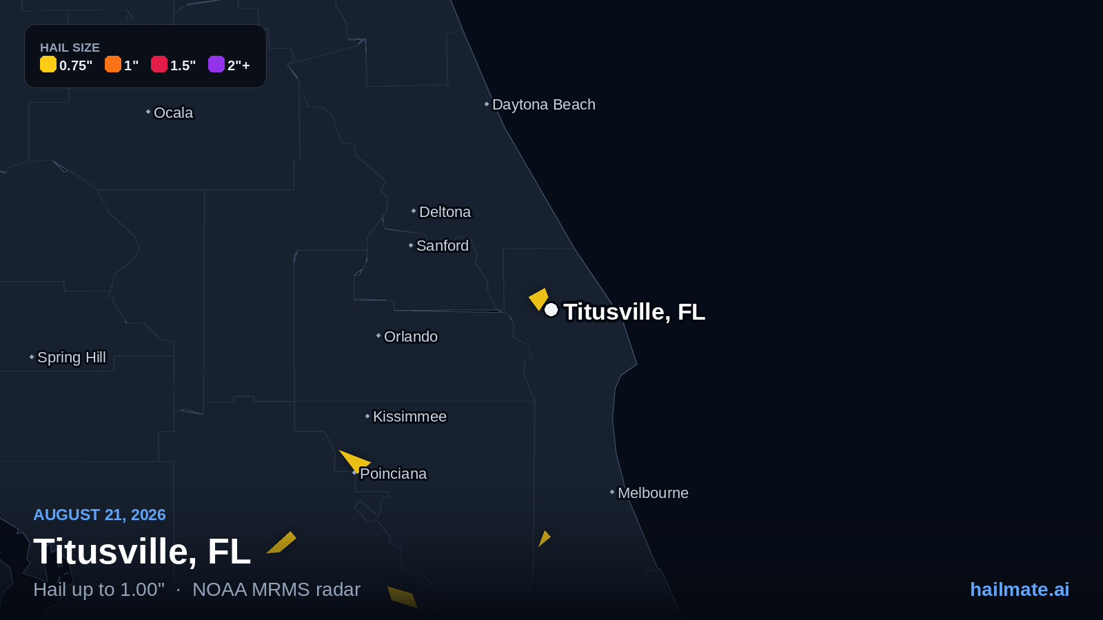 Hail swath map for Titusville, FL on August 21, 2026 showing 1.00 inch hail.