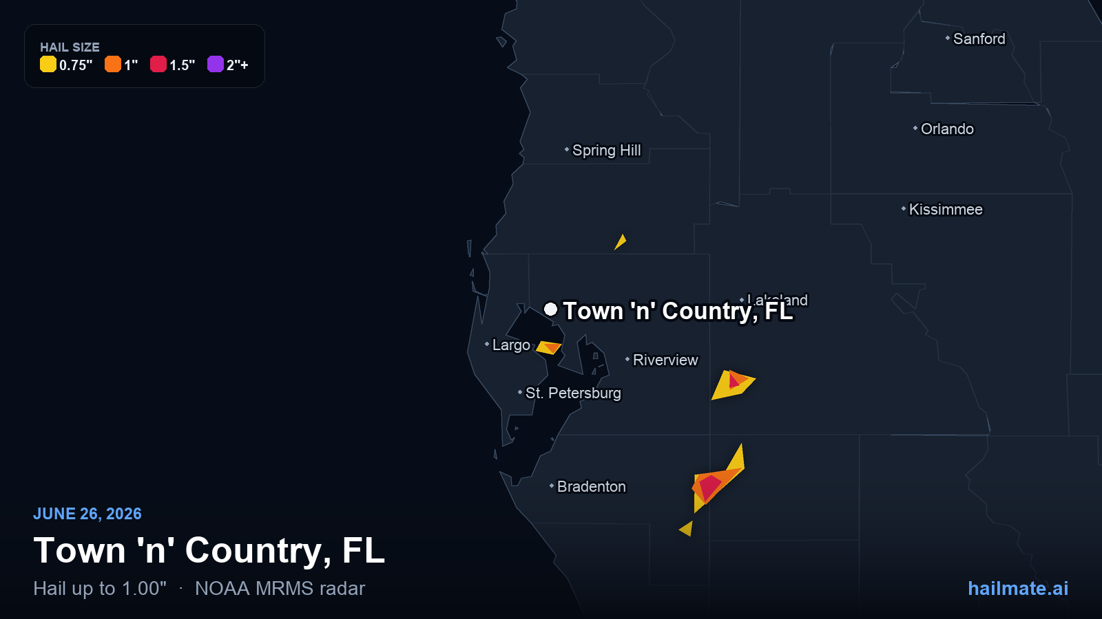 Hail swath map for Town 'n' Country, FL on June 26, 2026 showing 1.00 inch hail.