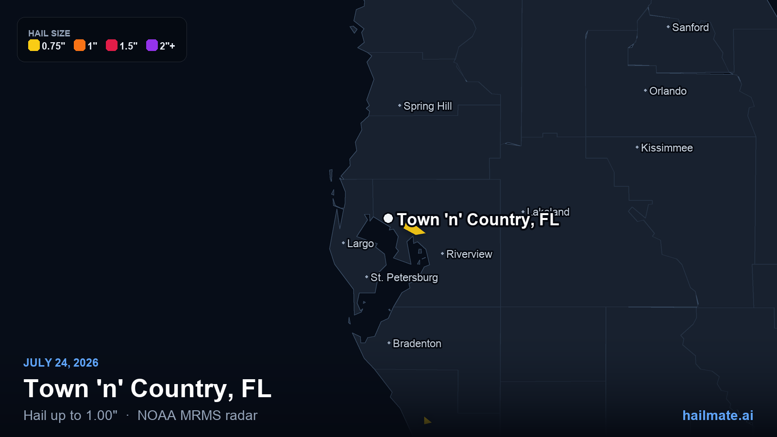 Hail swath map for Town 'n' Country, FL on July 24, 2026 showing 1.00 inch hail.