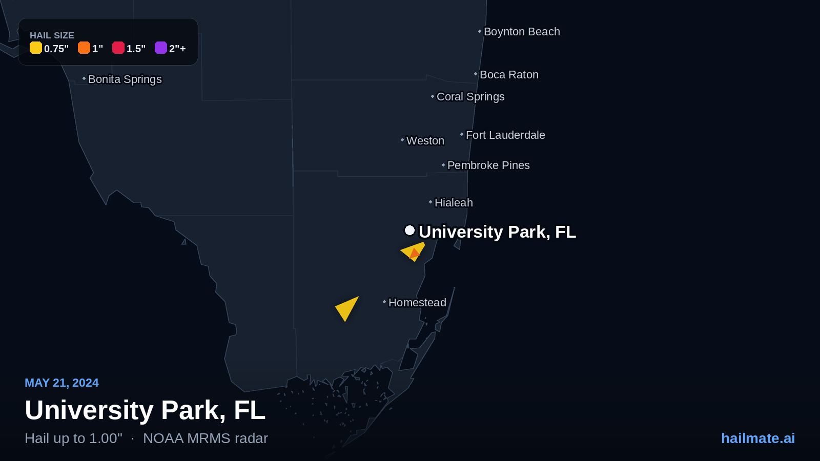 Hail swath map for University Park, FL on May 21, 2024 showing 1.00 inch hail.