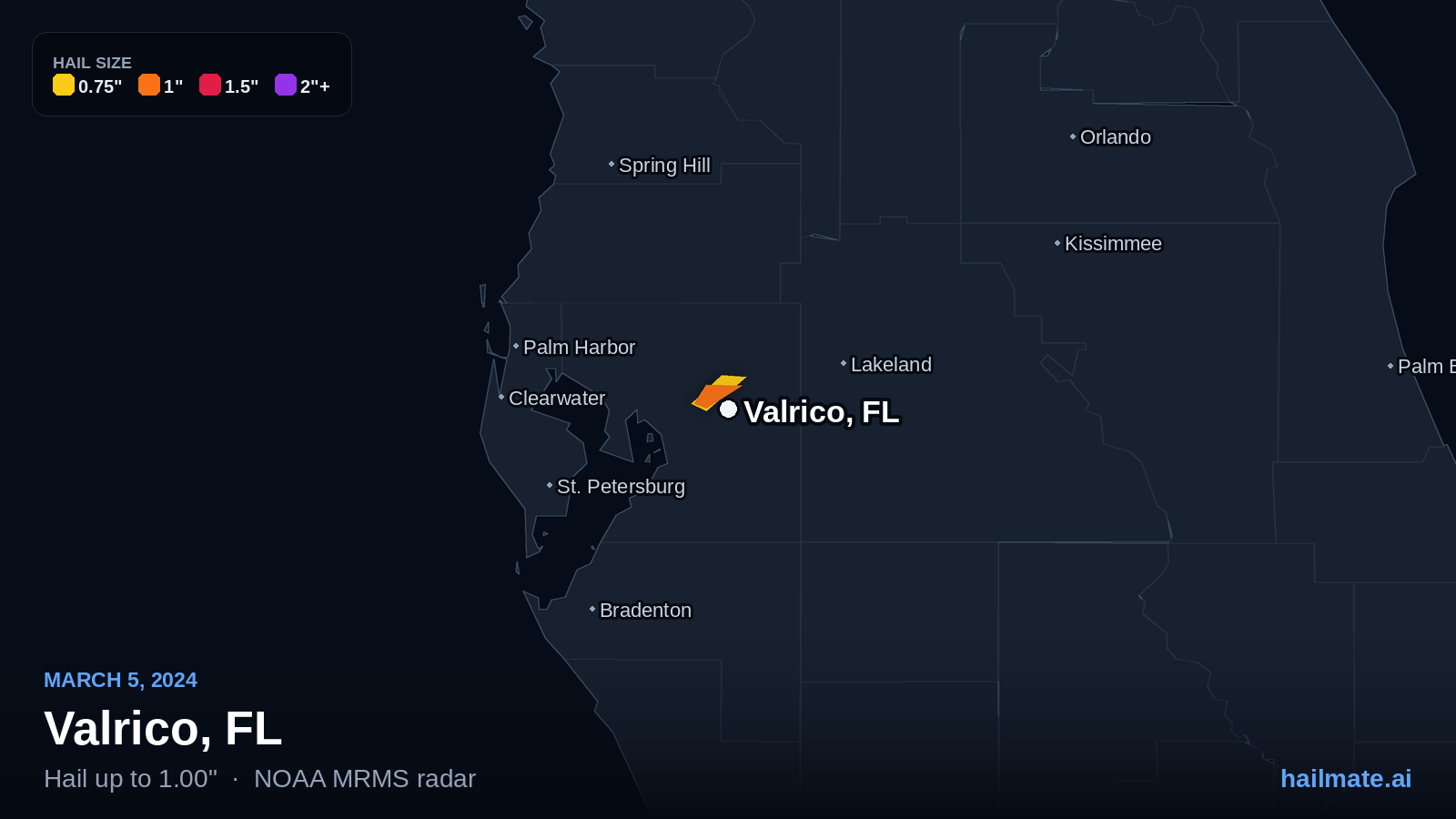 Hail swath map for Valrico, FL on March 5, 2024 showing 1.00 inch hail.