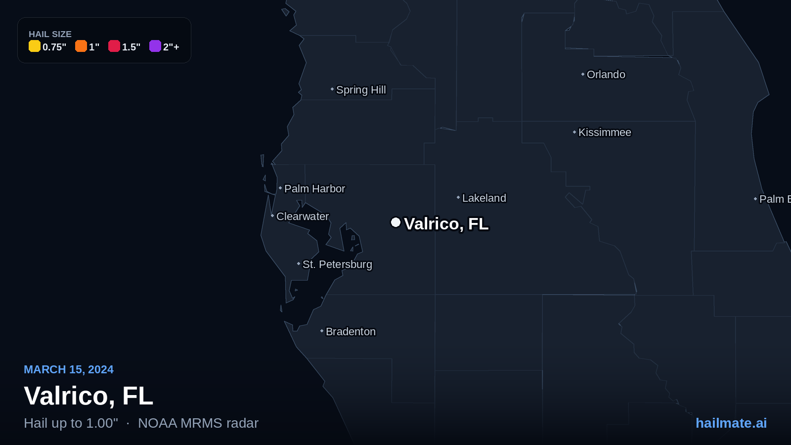 Hail swath map for Valrico, FL on March 15, 2024 showing 1.00 inch hail.