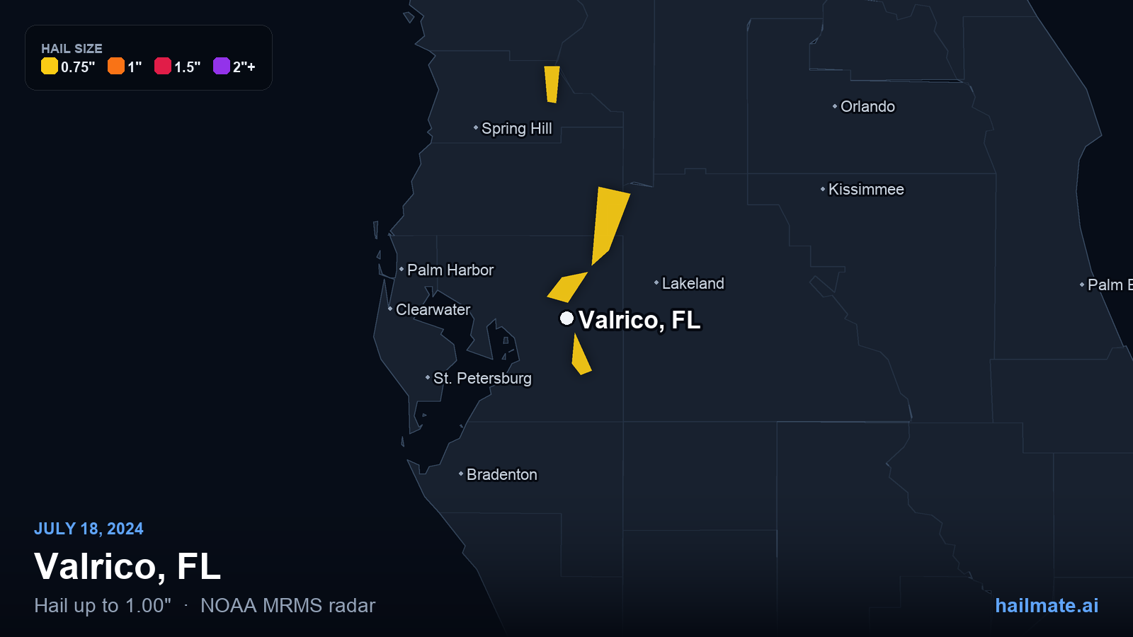Hail swath map for Valrico, FL on July 18, 2024 showing 1.00 inch hail.