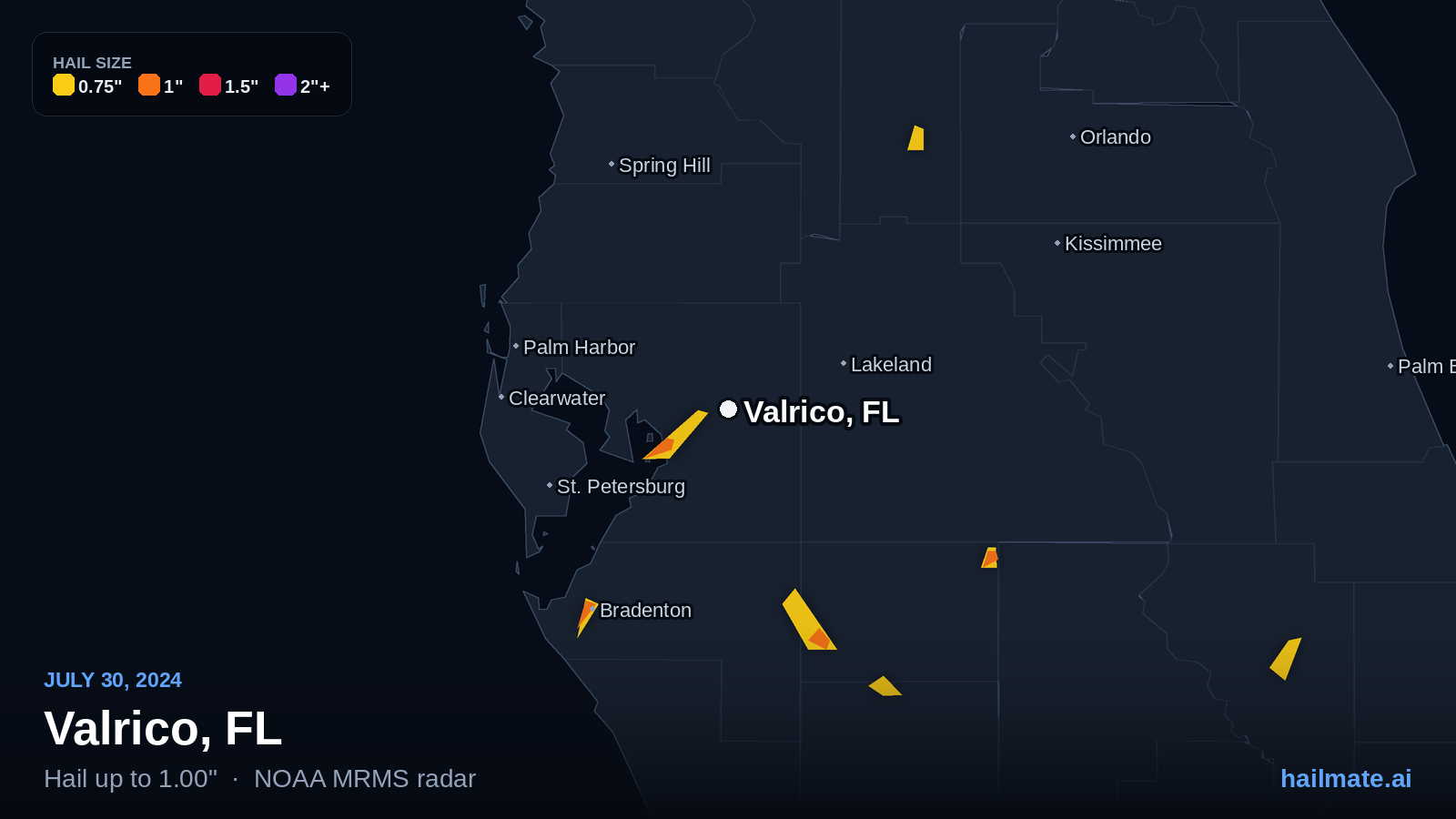 Hail swath map for Valrico, FL on July 30, 2024 showing 1.00 inch hail.