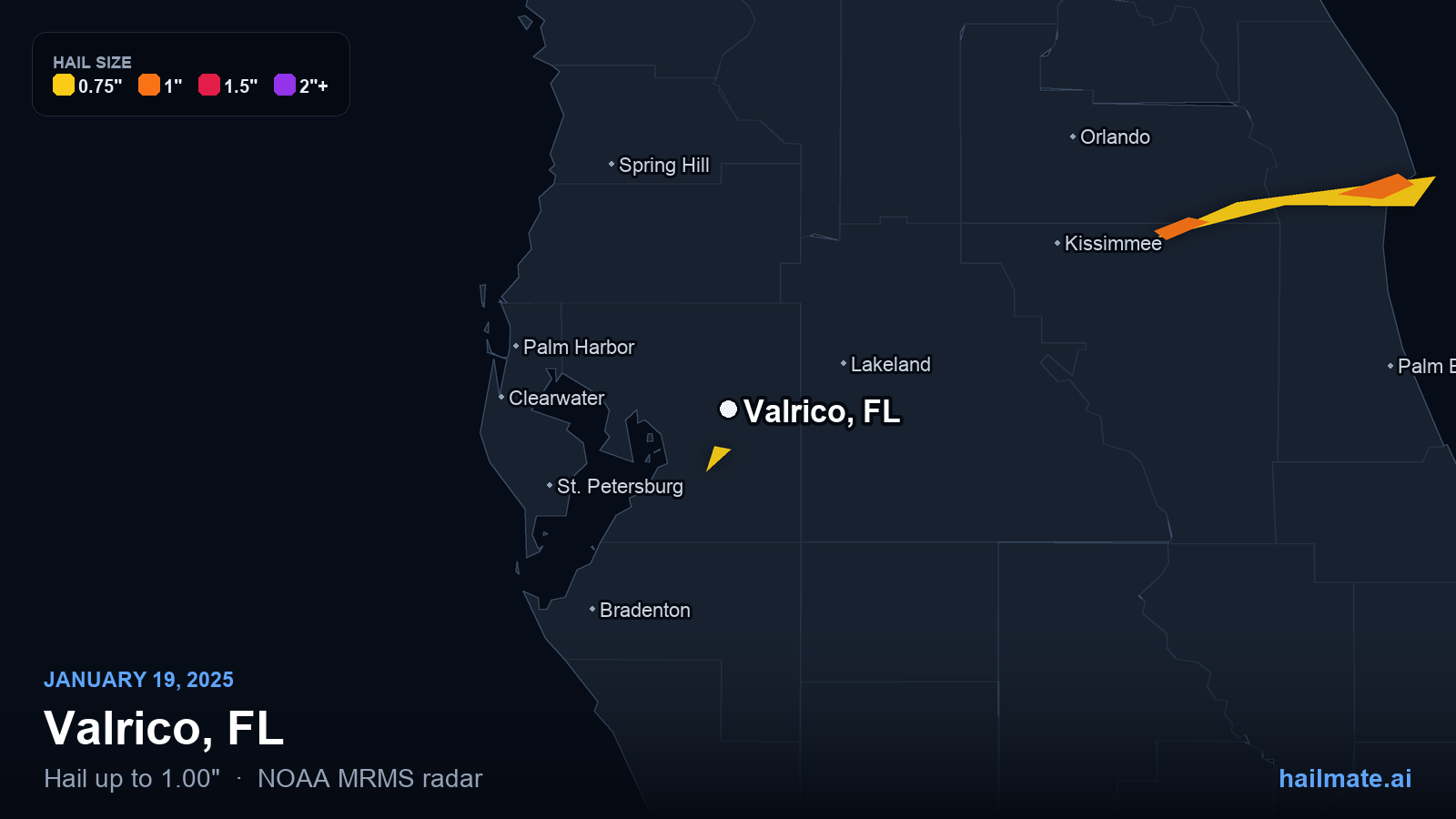 Hail swath map for Valrico, FL on January 19, 2025 showing 1.00 inch hail.