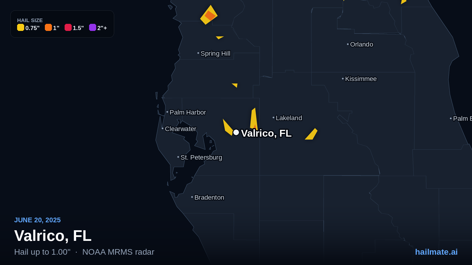 Hail swath map for Valrico, FL on June 20, 2025 showing 1.00 inch hail.
