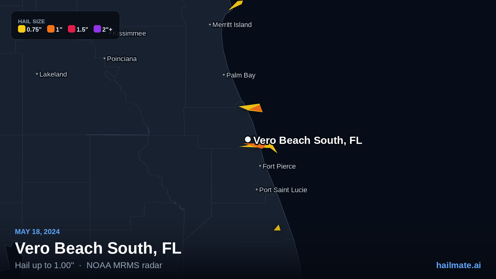 Hail swath map for Vero Beach South, FL on May 18, 2024 showing 1.00 inch hail.