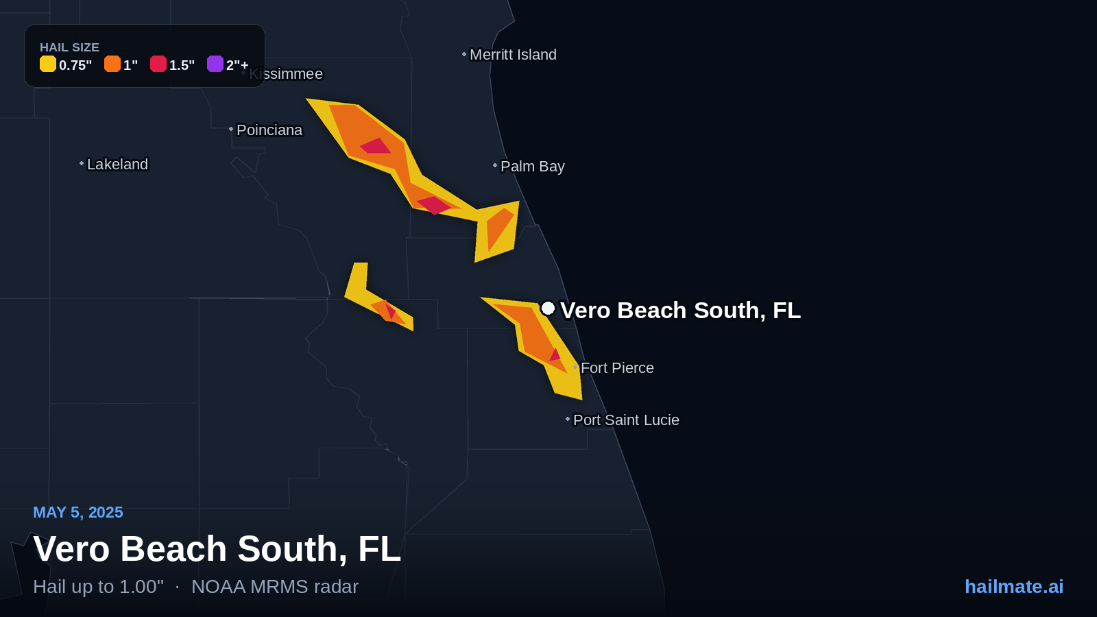 Hail swath map for Vero Beach South, FL on May 5, 2025 showing 1.00 inch hail.