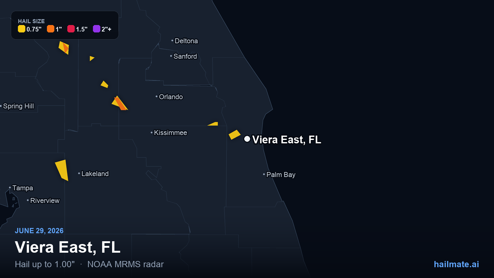 Hail swath map for Viera East, FL on June 29, 2026 showing 1.00 inch hail.
