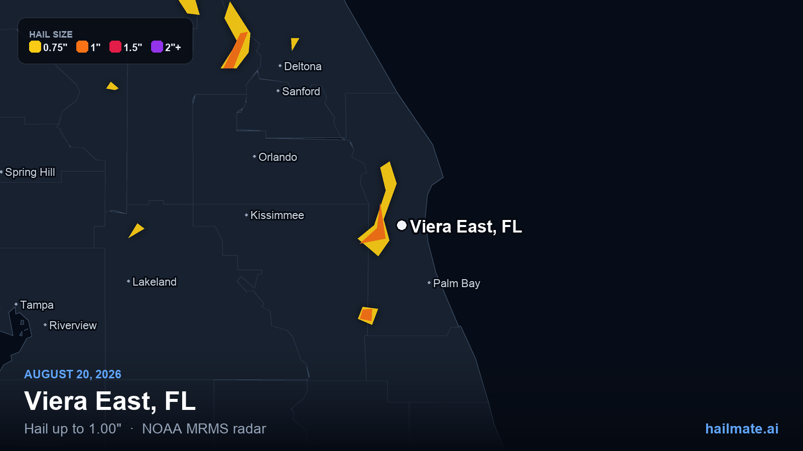 Hail swath map for Viera East, FL on August 20, 2026 showing 1.00 inch hail.