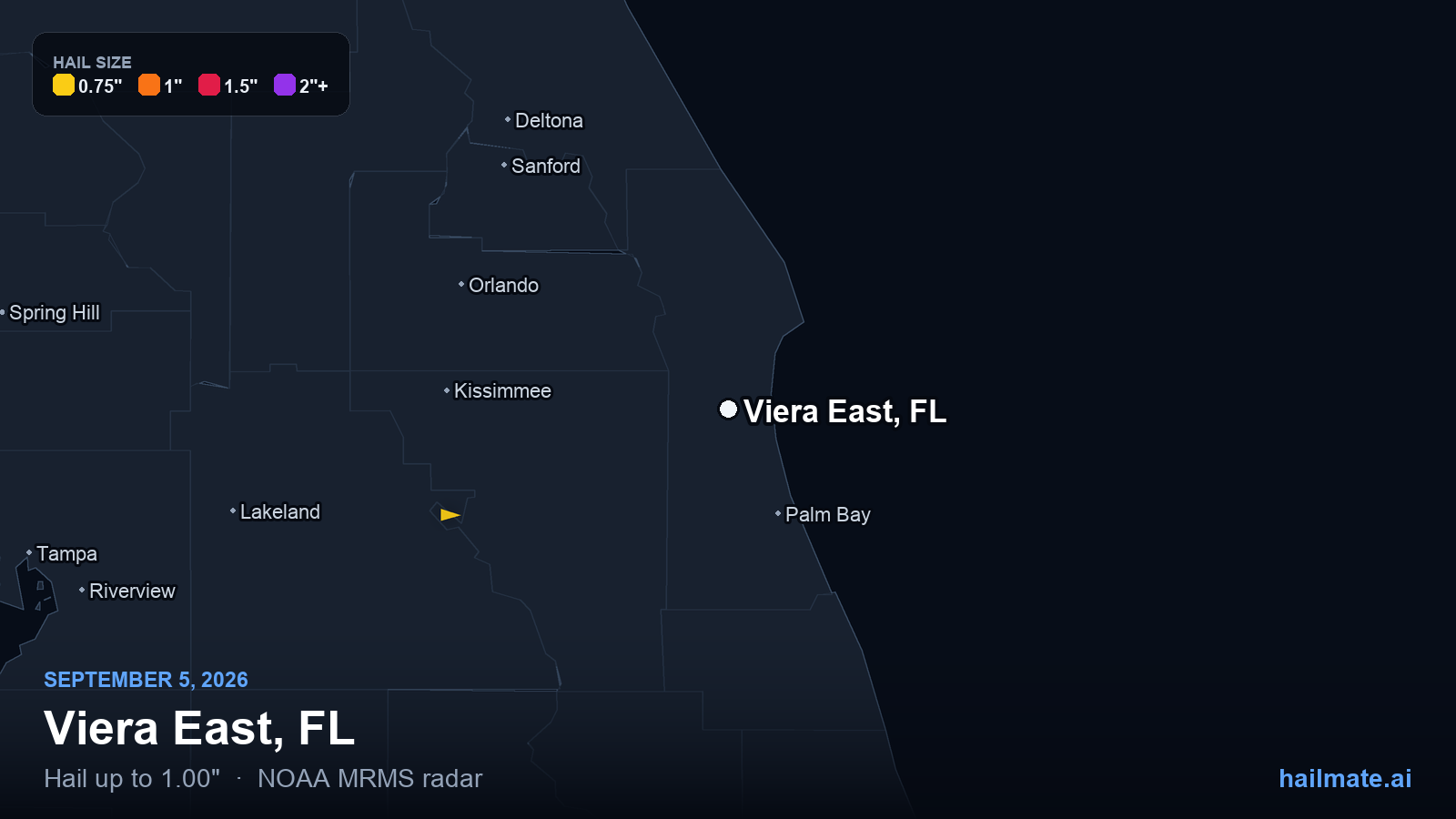 Hail swath map for Viera East, FL on September 5, 2026 showing 1.00 inch hail.
