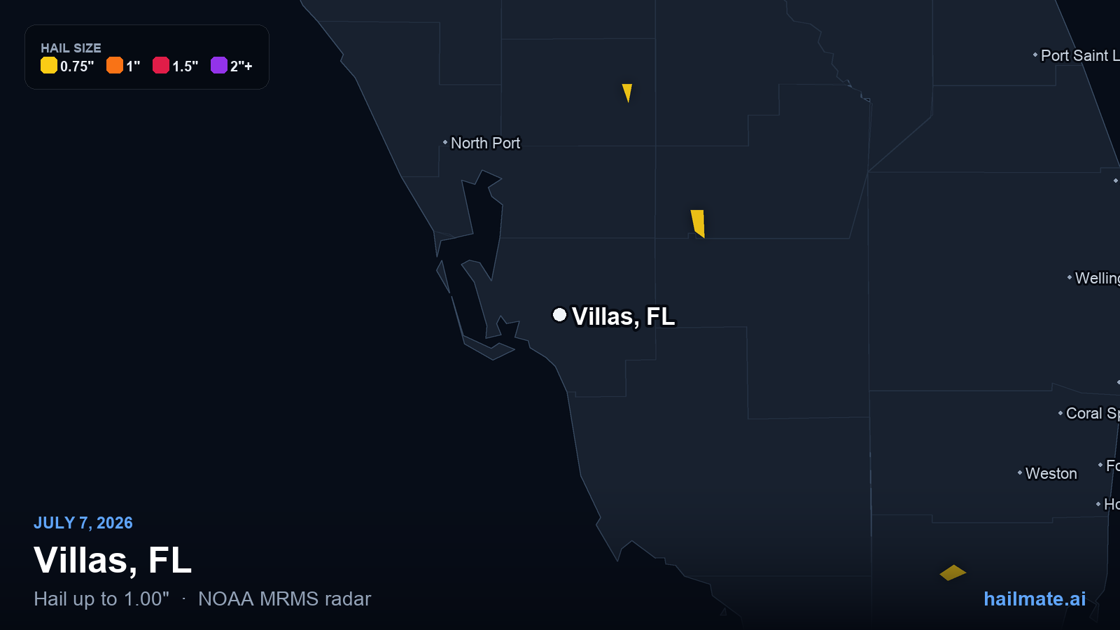 Hail swath map for Villas, FL on July 7, 2026 showing 1.00 inch hail.