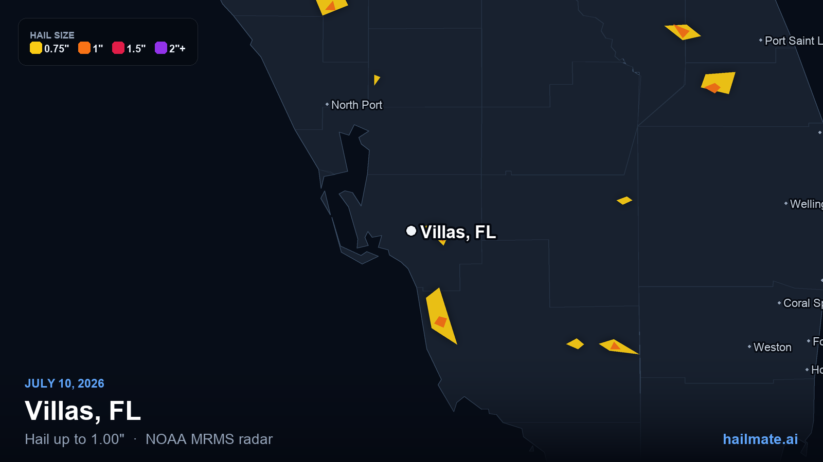 Hail swath map for Villas, FL on July 10, 2026 showing 1.00 inch hail.