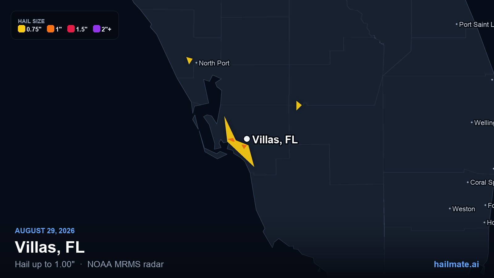 Hail swath map for Villas, FL on August 29, 2026 showing 1.00 inch hail.