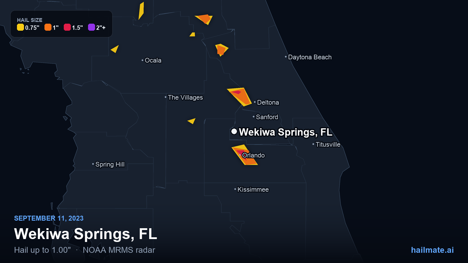 Hail swath map for Wekiwa Springs, FL on September 11, 2023 showing 1.00 inch hail.