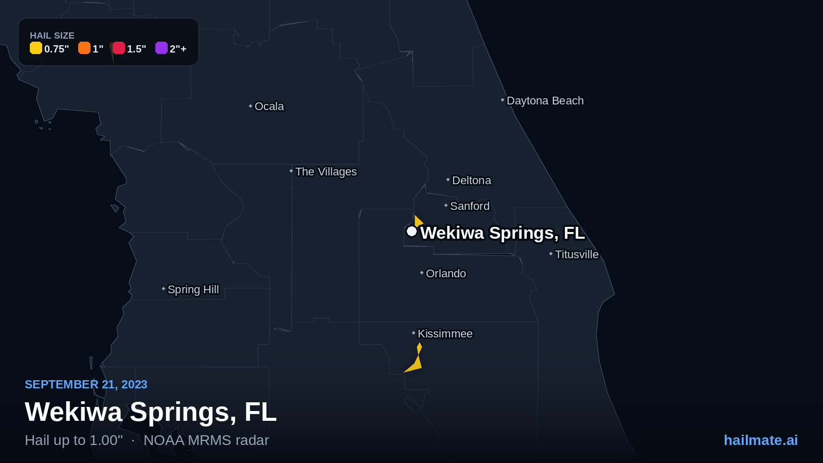 Hail swath map for Wekiwa Springs, FL on September 21, 2023 showing 1.00 inch hail.
