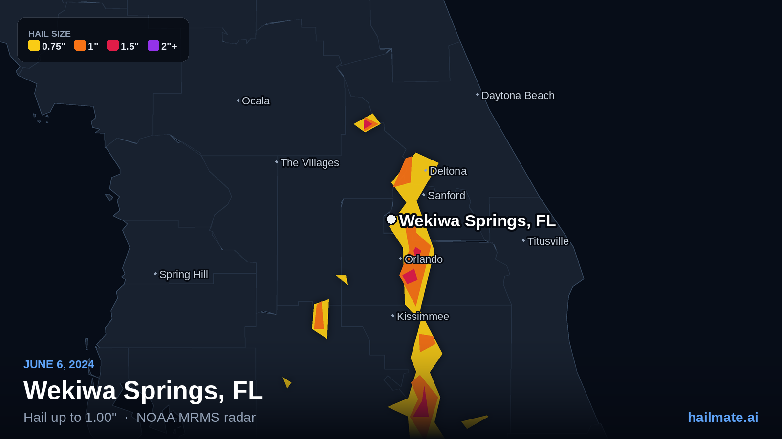 Hail swath map for Wekiwa Springs, FL on June 6, 2024 showing 1.00 inch hail.