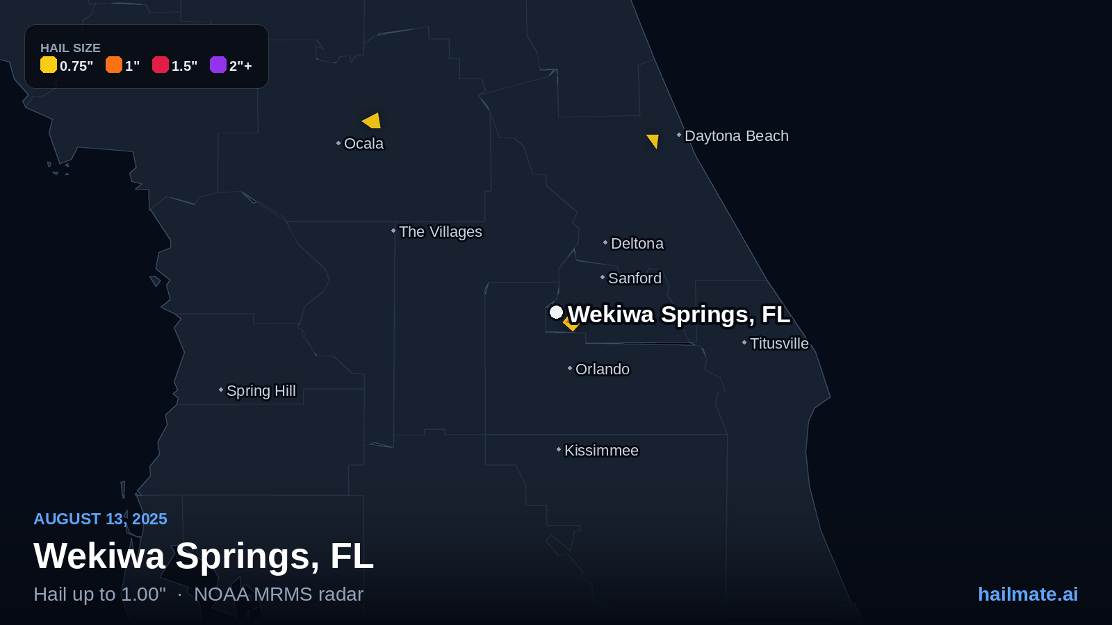 Hail swath map for Wekiwa Springs, FL on August 13, 2025 showing 1.00 inch hail.