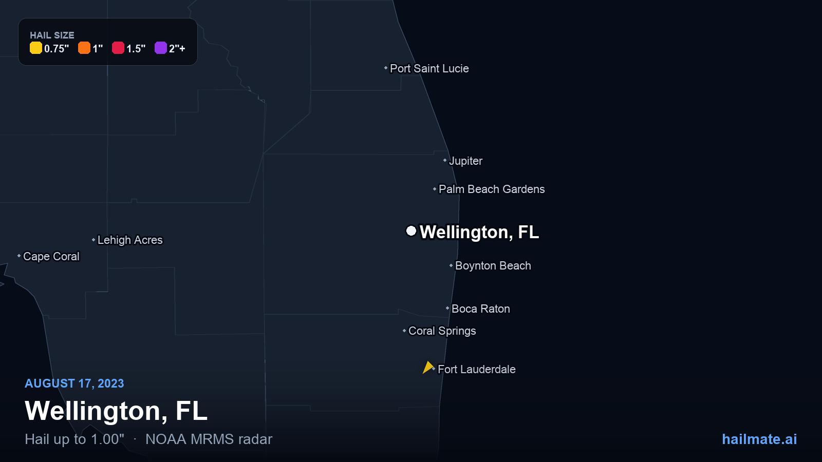 Hail swath map for Wellington, FL on August 17, 2023 showing 1.00 inch hail.
