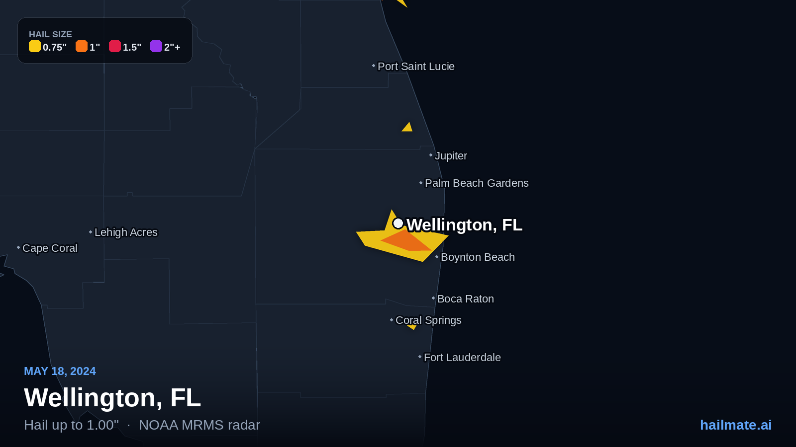 Hail swath map for Wellington, FL on May 18, 2024 showing 1.00 inch hail.