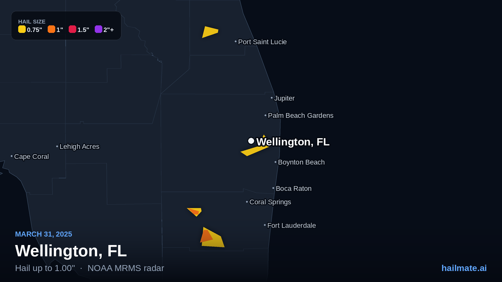 Hail swath map for Wellington, FL on March 31, 2025 showing 1.00 inch hail.