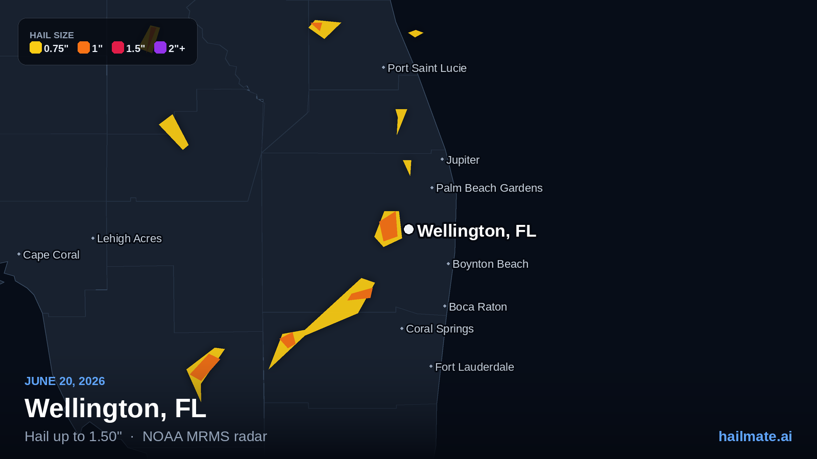Hail swath map for Wellington, FL on June 20, 2026 showing 1.50 inch hail.
